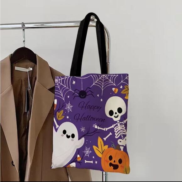 Women's Spooky Fun Halloween Skelton Pattern Canvas Tote Bag - Picture 2 of 9